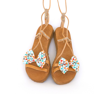 Marigold Sandals - δέρμα, βαμβάκι, φιόγκος, γεωμετρικά σχέδια, χειροποίητα, romantic