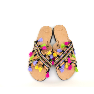 Laelia Sandals - δέρμα, chic, μοντέρνο, με φούντες, χιαστί, κουρελού, εντυπωσιακά, boho, ethnic, φλατ