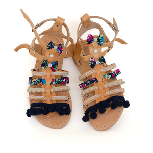 Bluebell Sandals - δέρμα, ύφασμα, βαμβάκι, φιόγκος, chic, δαντέλα, ιδιαίτερο, μοντέρνο, pom pom, χειροποίητα, πέτρες, φλοράλ, romantic, gladiator