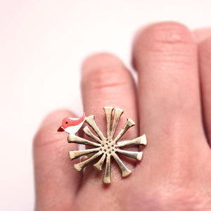 Ασημένιο δαχτυλίδι - Πουλάκι πάνω σε πικραλίδα - ασήμι, πολύχρωμο, fashion, χρωματιστό, vintage, design, μοναδικό, μοντέρνο, γυναικεία, ασήμι 925, πουλάκια, δαχτυλίδι, χειροποίητα, romantic, minimal, λουλούδι, unique, σταθερά - 3