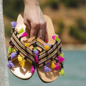 Laelia Sandals - δέρμα, chic, μοντέρνο, με φούντες, χιαστί, κουρελού, εντυπωσιακά, boho, ethnic, φλατ - 4