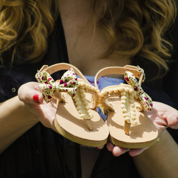 Buttercup Sandals Σετ Mother & Daughter (Ειδική Τιμή) - δέρμα, βαμβάκι, φιόγκος, chic, μοντέρνο, πέδιλα, pom pom, σανδάλια, χειροποίητα, φλοράλ, romantic, σετ, φλατ, μαμά και κόρη, για παιδιά, ankle strap, διχαλωτά - 3