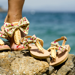 Buttercup Sandals - δέρμα, βαμβάκι, φιόγκος, chic, μοντέρνο, πέδιλα, pom pom, χειροποίητα, φλοράλ, romantic, φλατ, ankle strap - 4