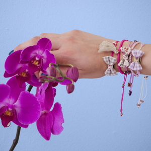 Bow Bracelets Set Violet - ημιπολύτιμες πέτρες, ύφασμα, βαμβάκι, φιόγκος, καλοκαιρινό, charms, νήμα, χαολίτης, κορδόνια, χειροποίητα, ελεφαντάκι, romantic, σετ, αυξομειούμενα, σετ κοσμημάτων - 3