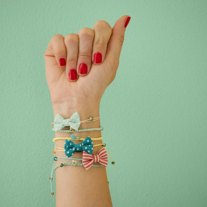 Bow Bracelets Set Watermelon - ημιπολύτιμες πέτρες, ύφασμα, βαμβάκι, φιόγκος, ριγέ, καλοκαιρινό, charms, νήμα, αιματίτης, κορδόνια, χειροποίητα, πεταλούδα, μάτι, romantic, στυλ φιόγκος, σετ, αυξομειούμενα, σετ κοσμημάτων - 2