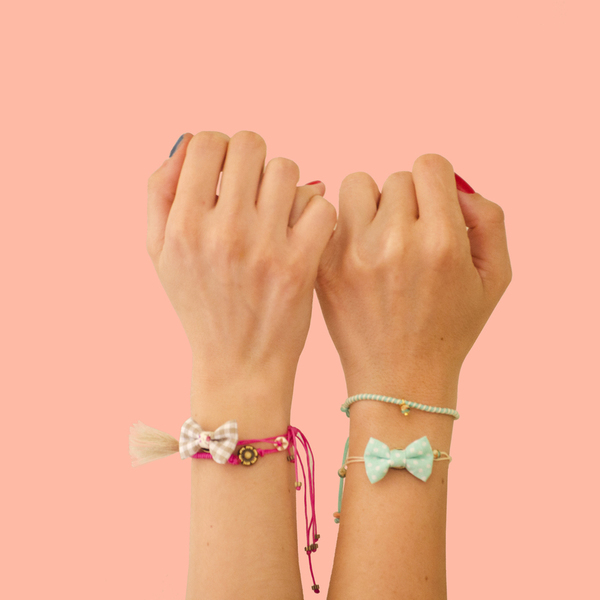 Bow Bracelets Set Mint Polka - σετ, πουά, χειροποίητα, φιόγκος, νήμα, βαμβάκι, χαολίτης, ημιπολύτιμες πέτρες, χάντρες, κορδόνια, ύφασμα, romantic, αυξομειούμενα, charms, σετ κοσμημάτων - 3