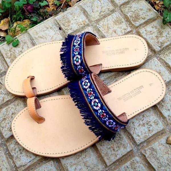 Blue fringe sandals - δέρμα, καλοκαιρινό, σανδάλια, boho, ethnic, φλατ - 2