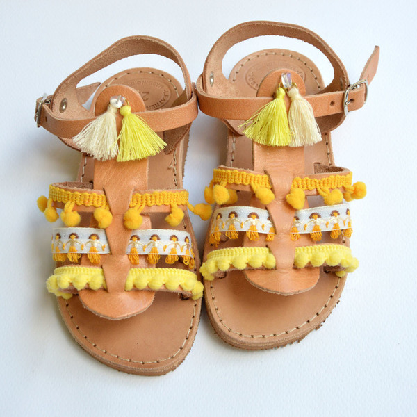 Baby Sandals Yellow Passion - με φούντες, pom pom, σανδάλια, χειροποίητα