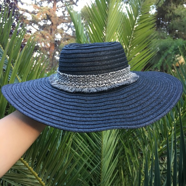 Καπέλο Black & white hat - κρόσσια, αξεσουάρ παραλίας, ψάθινα - 3