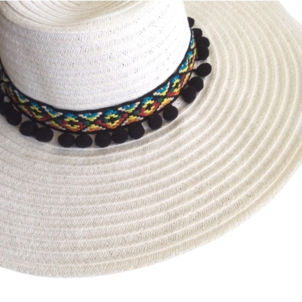 Καπέλο Boho hat σε 3 χρώματα - pom pom, χειροποίητα, απαραίτητα καλοκαιρινά αξεσουάρ, boho, ψάθινα