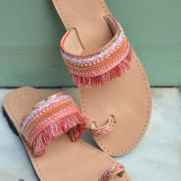 Handmade Sandals Coral Luxury - δέρμα, σανδάλια, χειροποίητα, φλατ, slides - 2