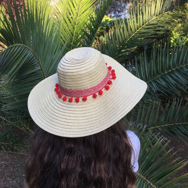 Καπέλο Boho red hat - καλοκαιρινό, pom pom, χειροποίητα, ψάθινα - 2