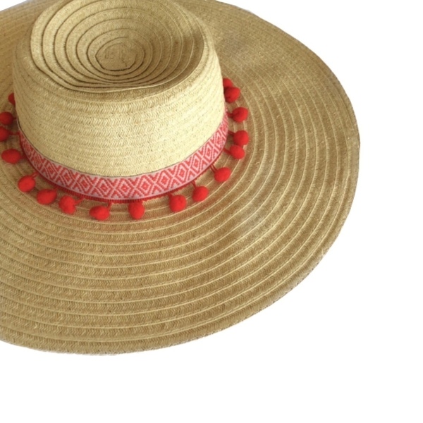 Καπέλο Boho red hat - καλοκαιρινό, pom pom, χειροποίητα, ψάθινα