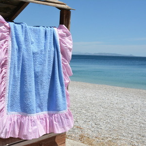 Baby blue with pink stripes - βαμβάκι, δαντέλα, ιδιαίτερο, καλοκαίρι, πετσέτα, χειροποίητα, παραλία, θάλασσα, must - 2