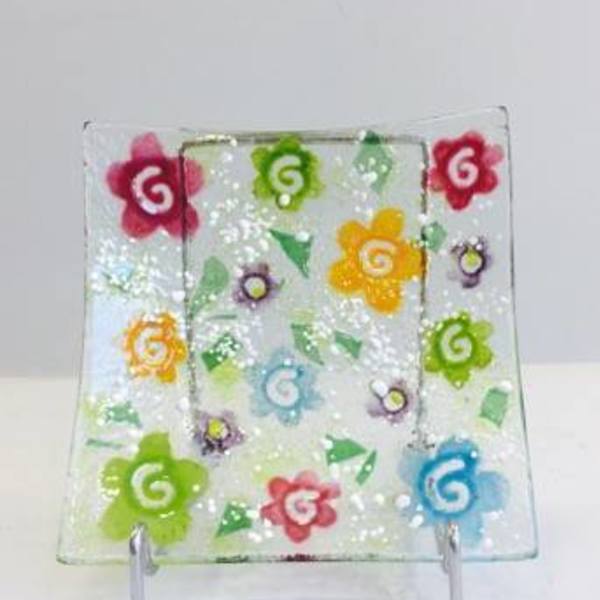 Τασάκι τετράγωνο με λουλουδάκια - γυαλί, λουλούδια, δωράκι - 2