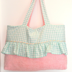 Pink-mint check beach bag - βαμβάκι, καλοκαίρι, κορίτσι, τσάντα, κορδόνια, χειροποίητα, μεγάλες, παραλία, απαραίτητα καλοκαιρινά αξεσουάρ, must αξεσουάρ, θαλάσσης