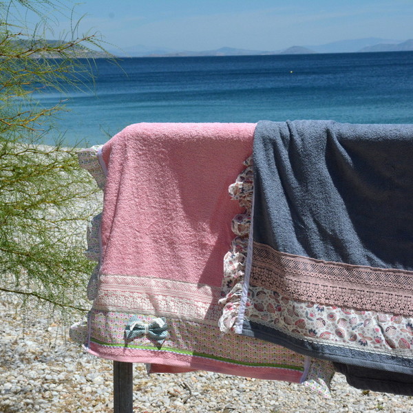 Pink bow beach towel - βαμβάκι, φιόγκος, δαντέλα, καλοκαίρι, κορίτσι, πετσέτα, παραλία, θάλασσα, romantic, απαραίτητα καλοκαιρινά αξεσουάρ, must, unique - 4