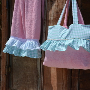 Pink-mint check beach bag - βαμβάκι, καλοκαίρι, κορίτσι, τσάντα, κορδόνια, χειροποίητα, summer, μεγάλες, παραλία, απαραίτητα καλοκαιρινά αξεσουάρ, must αξεσουάρ, ξεχωριστό, θαλάσσης - 2