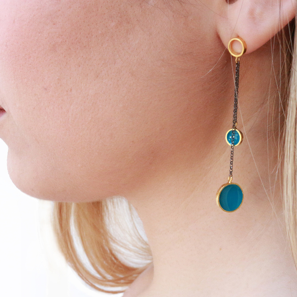 Turquoise double earrings - ασήμι, chic, γυαλί, τιρκουάζ, μοντέρνο, επιχρυσωμένα, επιχρυσωμένα, ασήμι 925, σκουλαρίκια, γεωμετρικά σχέδια, χειροποίητα, minimal, ασημένια, επιπλατινωμένα - 4