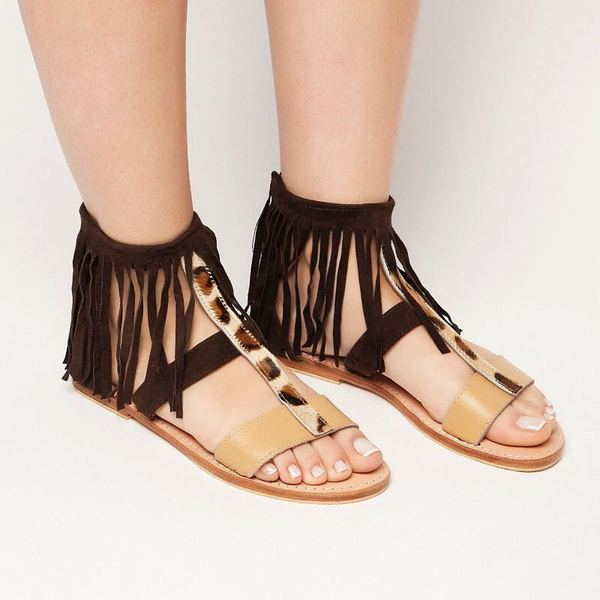 SOFIA boho sandals καστορι , δέρμα. - δέρμα, animal print, σανδάλια, boho, φλατ, ankle strap - 2