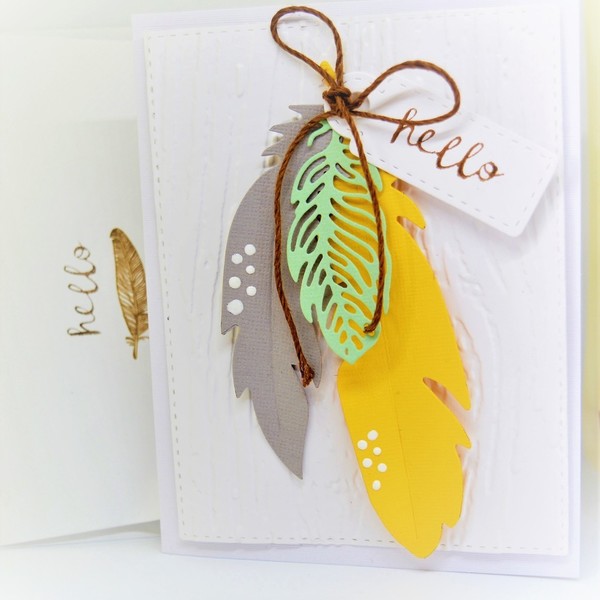 Boho card - φτερό, χαρτί, κορδόνια, χειροποίητα, είδη δώρου
