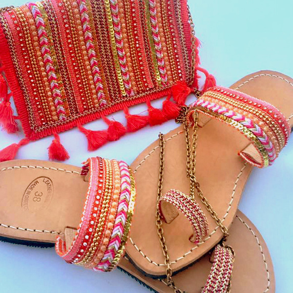 Boho Coral Handmade Sandals with crystals and beads - αλυσίδες, σανδάλια, χειροποίητα, πέτρες, ethnic, φλατ