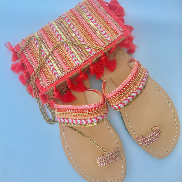 Boho Coral Handmade Sandals with crystals and beads - αλυσίδες, σανδάλια, χειροποίητα, πέτρες, ethnic, φλατ - 3