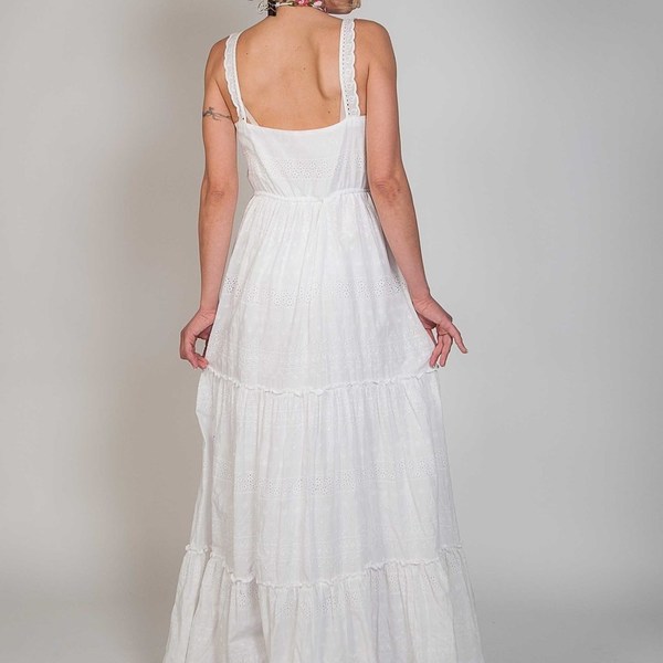 White Lace Dress - romantic, δαντέλα, βάπτιση, γάμος, βραδυνά, καλοκαιρινό, βαμβάκι, αμάνικο, maxi - 4