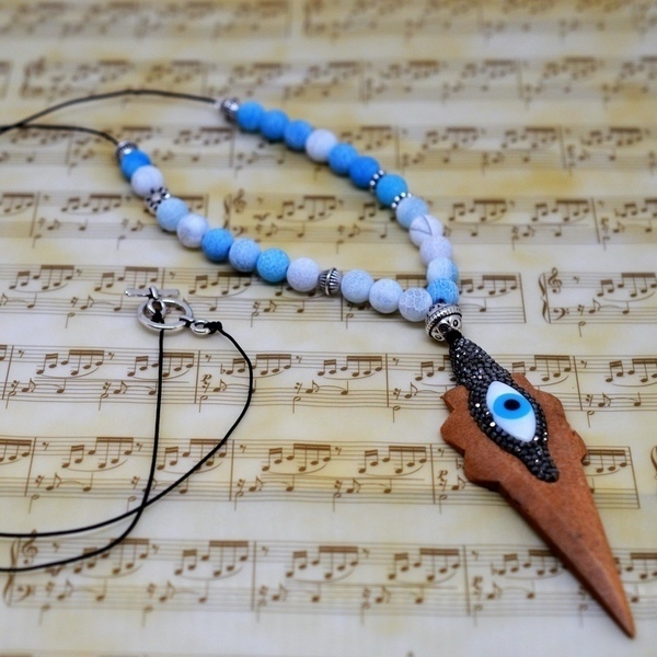 Κολιέ blue & white opal K6480 - κολιέ, δάκρυ, μάτι, χάντρες, ξύλο, οπάλιο - 3