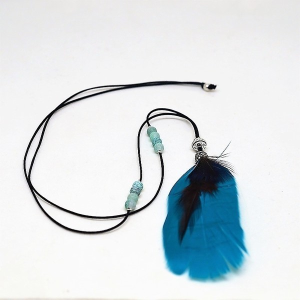 Κολιέ black cord feather light tyrquoise K6484 - φτερό, μακρύ, κολιέ, φθηνά