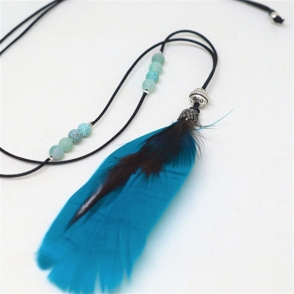 Κολιέ black cord feather light tyrquoise K6484 - φτερό, μακρύ, κολιέ, φθηνά - 2