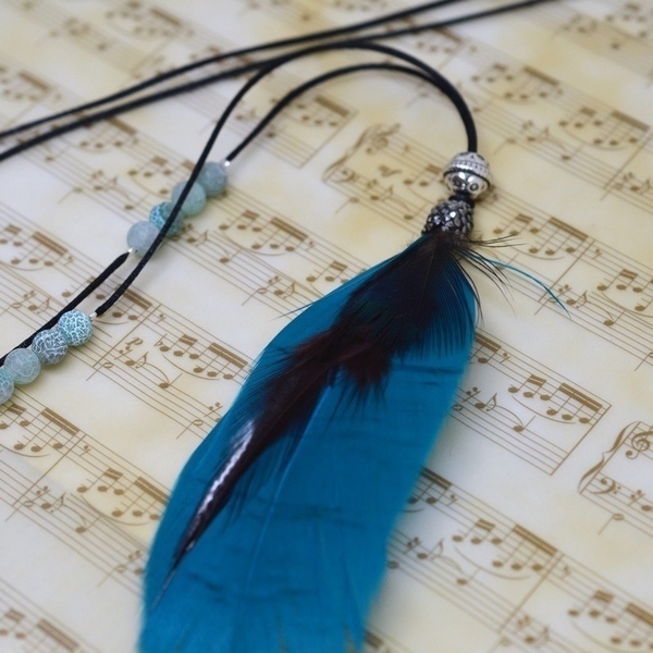 Κολιέ black cord feather light tyrquoise K6484 - φτερό, μακρύ, κολιέ, φθηνά - 3