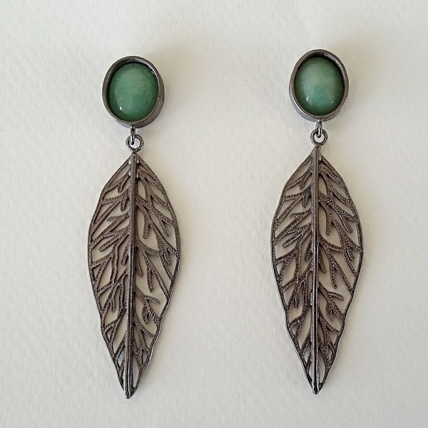Olive Leaf Earrings - ασήμι, ημιπολύτιμες πέτρες, αχάτης, επιχρυσωμένα, ασήμι 925, χαολίτης, χειροποίητα, φύλλο - 5