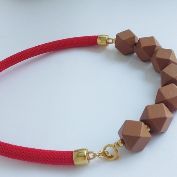 Red Necklace - statement, ξύλο, ορείχαλκος, κορδόνια, summer, elegant, unique