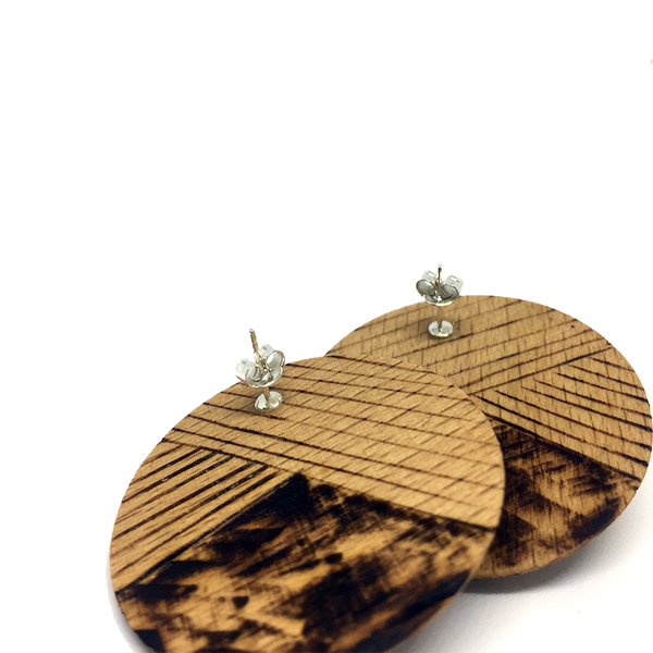 Firepin Earrings - ξύλο, ασήμι 925, σκουλαρίκια, χειροποίητα, μεγάλα σκουλαρίκια - 2