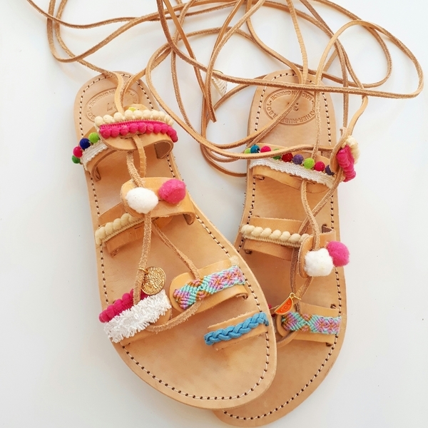 "Hippie hippie sandals"Χειροποιητα πολύχρωμα σανδάλια - fashion, κορδόνια, summer, boho, gladiator, φλατ