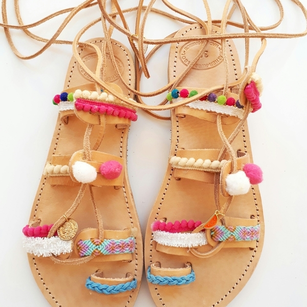 "Hippie hippie sandals"Χειροποιητα πολύχρωμα σανδάλια - fashion, κορδόνια, summer, boho, gladiator, φλατ - 3