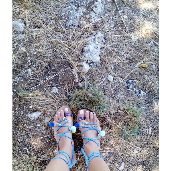 "Deep blue"sandals - fashion, κορδόνια, χειροποίητα, summer, boho, φλατ - 5