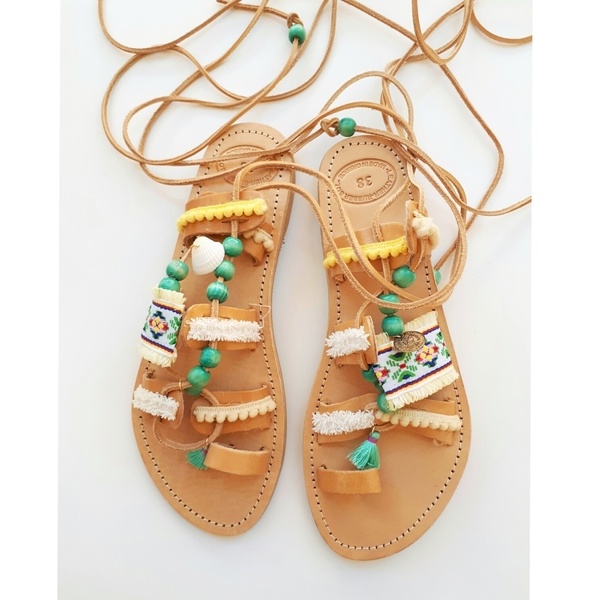 "African"sandals Χειροποίητα σανδάλια με χαντρες - fashion, κορδόνια, χειροποίητα, πέτρες, summer, boho, gladiator, φλατ