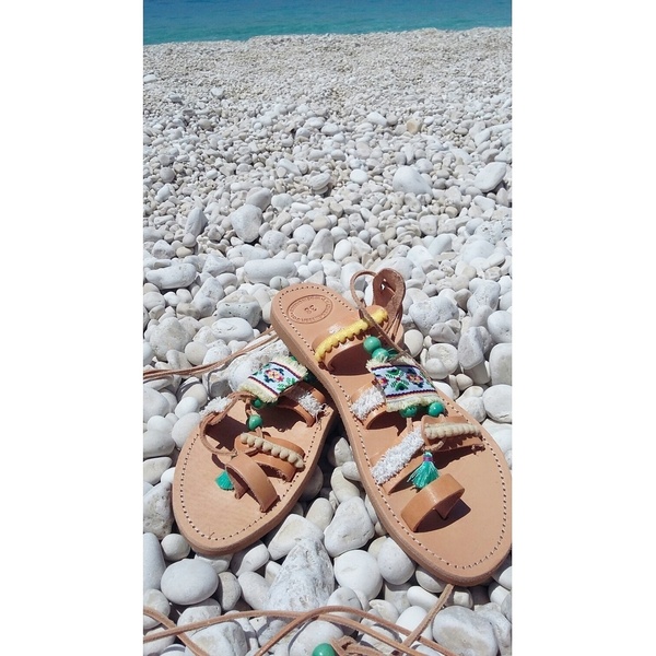 "African"sandals Χειροποίητα σανδάλια με χαντρες - fashion, κορδόνια, χειροποίητα, πέτρες, summer, boho, gladiator, φλατ - 3
