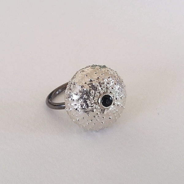 Urchin Agate Ring-Ασημένιο Δαχτυλίδι Αχινός Με Μαύρο Όνυχα - statement, ημιπολύτιμες πέτρες, καλοκαιρινό, επιχρυσωμένα, ασήμι 925, κοχύλι, χειροποίητα, θάλασσα, boho, αχινός, μεγάλα