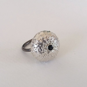 Urchin Agate Ring-Ασημένιο Δαχτυλίδι Αχινός Με Μαύρο Όνυχα - statement, ημιπολύτιμες πέτρες, καλοκαιρινό, επιχρυσωμένα, ασήμι 925, κοχύλι, χειροποίητα, θάλασσα, boho, αχινός, μεγάλα