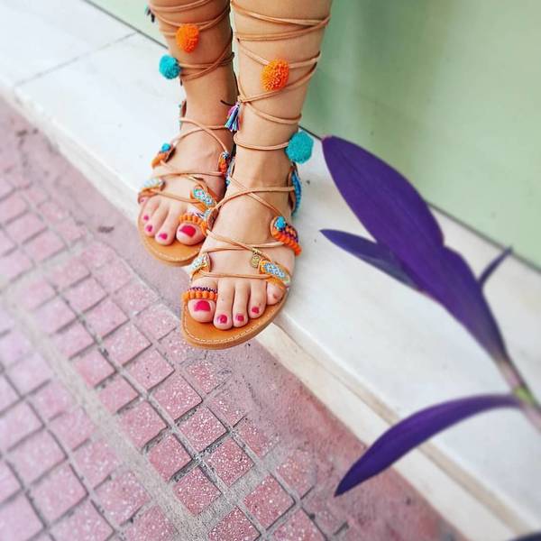 Handmade Boho Gladiator Sandals - μοναδικό, pom pom, σανδάλια, χειροποίητα, βαμβακερές κορδέλες, boho - 2