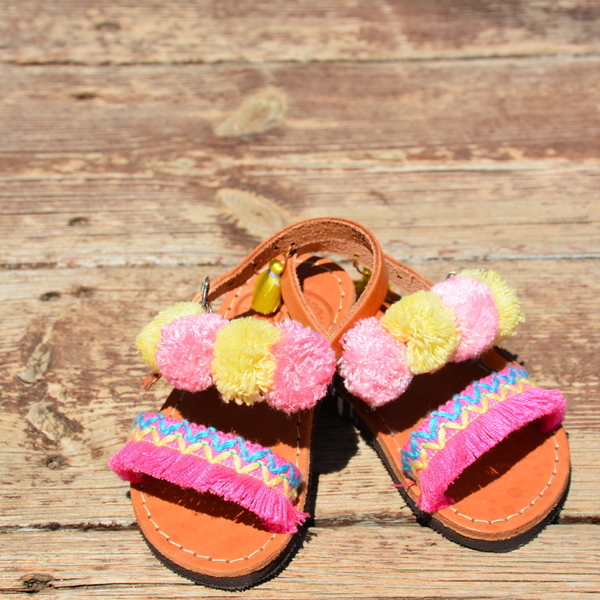 Lollipop sandals - δέρμα, με φούντες, pom pom, σανδάλια, cute, χειροποίητα, all day, απαραίτητα καλοκαιρινά αξεσουάρ, must, boho, φλατ, για παιδιά - 4