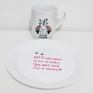 Σετ κούπα-πιατάκι handpainted "I am a Unicorn" - handmade, ζωγραφισμένα στο χέρι, κορίτσι, χειροποίητα, πορσελάνη, δωράκι, personalised, σετ, unique, μονόκερος, gift idea, κούπες & φλυτζάνια, δώρα για γυναίκες