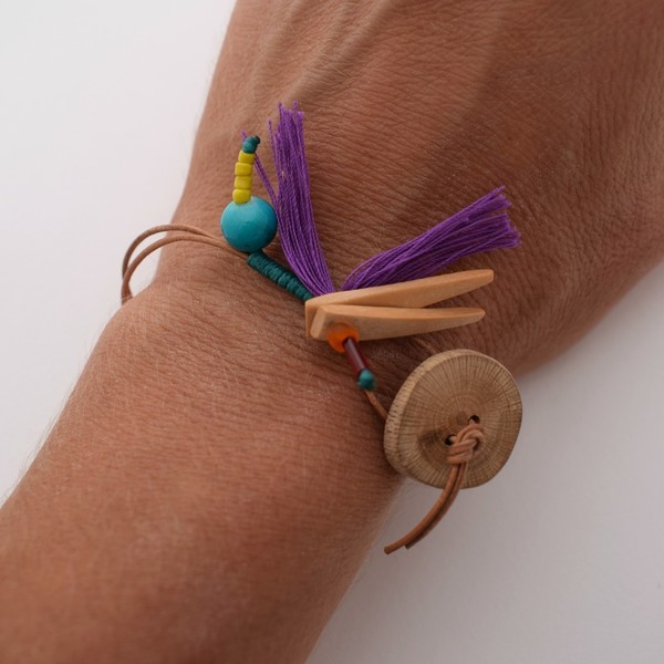 Bird collection/wooden button bracelet - κοράλλι, τιρκουάζ, γυναικεία, κορδόνια, boho - 4