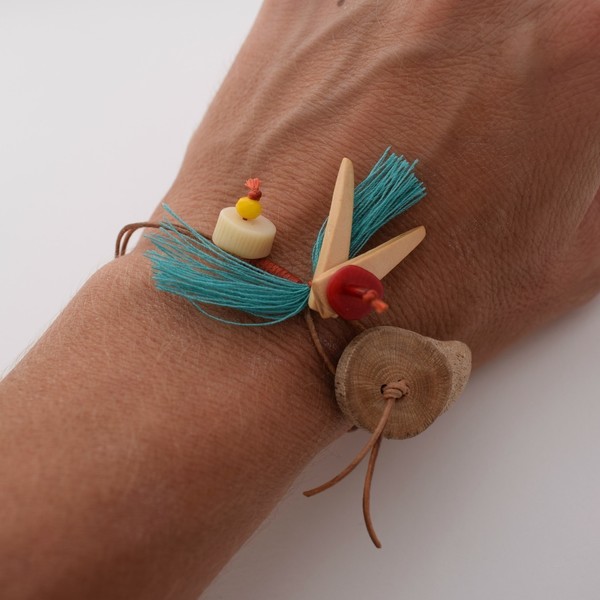 Bird collection/wooden button bracelet - κοράλλι, τιρκουάζ, γυναικεία, κορδόνια, boho - 5