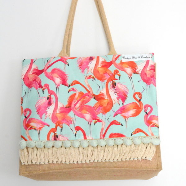 Stunning Flamingos bag - βαμβάκι, καλοκαίρι, ώμου, pom pom, summer, μεγάλες, παραλία, απαραίτητα καλοκαιρινά αξεσουάρ, boho, flamingos, θαλάσσης, φθηνές