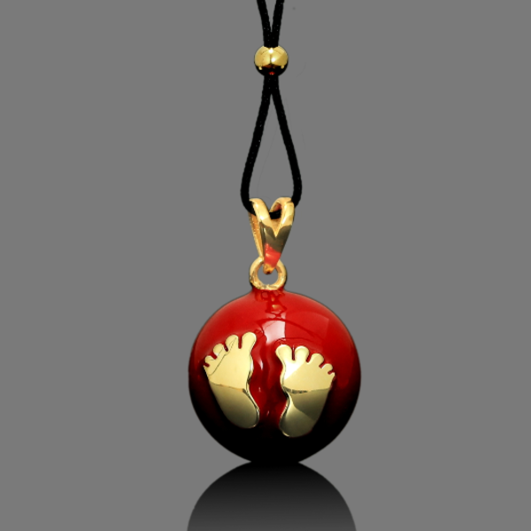 Μουσικό κόσμημα εγκυμοσύνης bola - Κόκκινο με χρυσά πατουσάκια - επιχρυσωμένα, σμάλτος, μαμά, κρεμαστά - 5