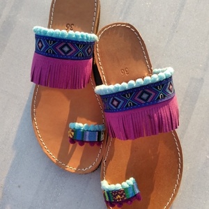 Boho style - δέρμα, ύφασμα, κορδέλα, μοναδικό, pom pom, boho, κρόσσια, φλατ, Black Friday, slides